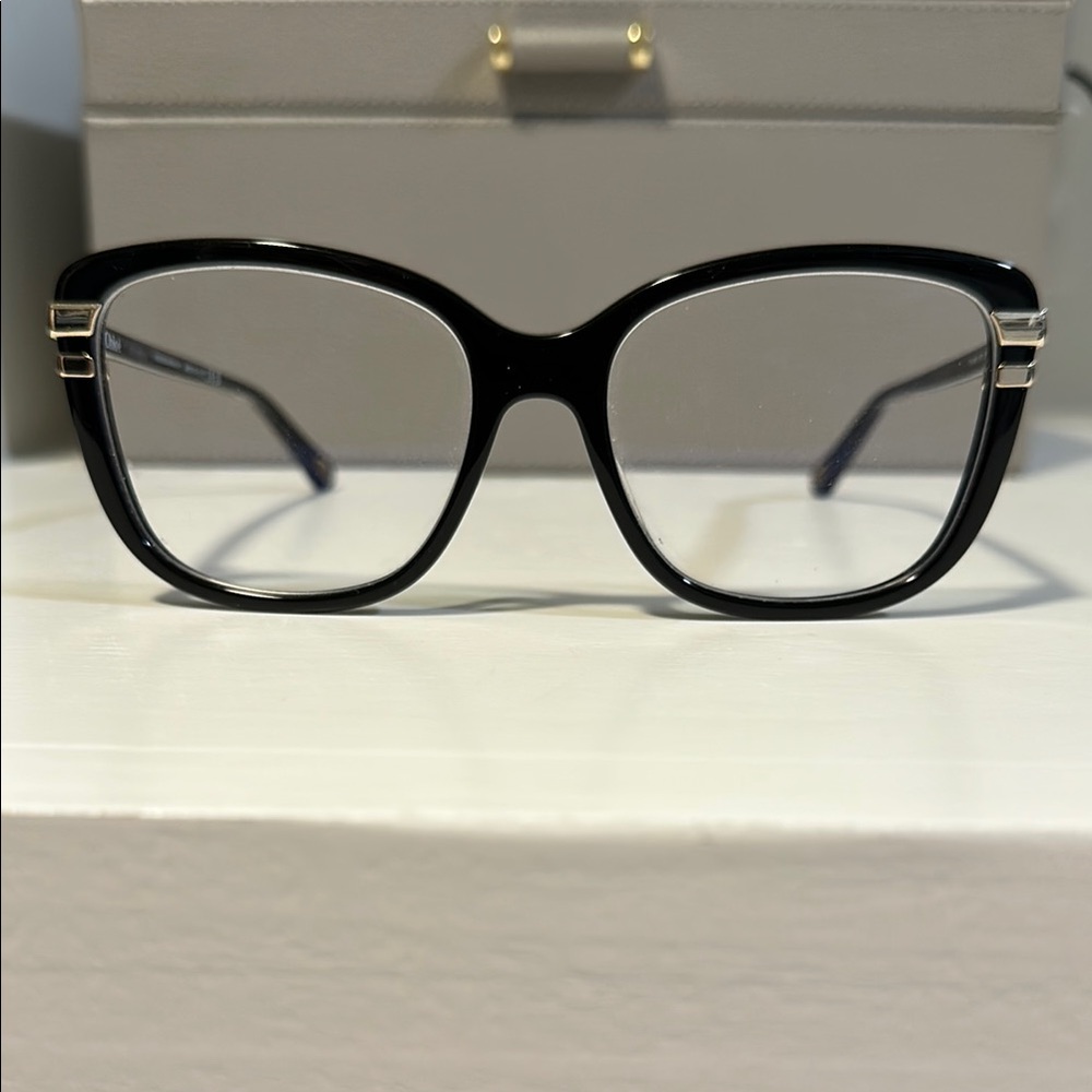 Chloe black eyeglasses & pink branded case, microfiber lens cloth
